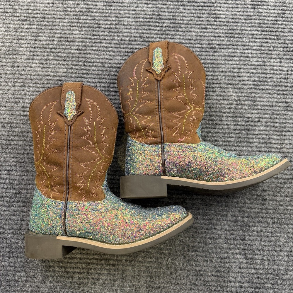 Shyanne Cowboy Boots Girls Youth Size 1D Teal Glitter Inlay Western Square Toe